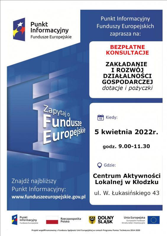 Plakat informacyjny Punktu Informacyjnego Funduszy Europejskich